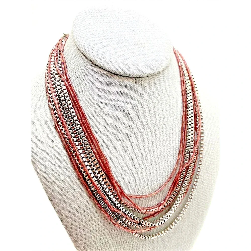 Jessica Simpson Multi Strand Choker Necklace Purple Bead Silver Tone Chain 16
